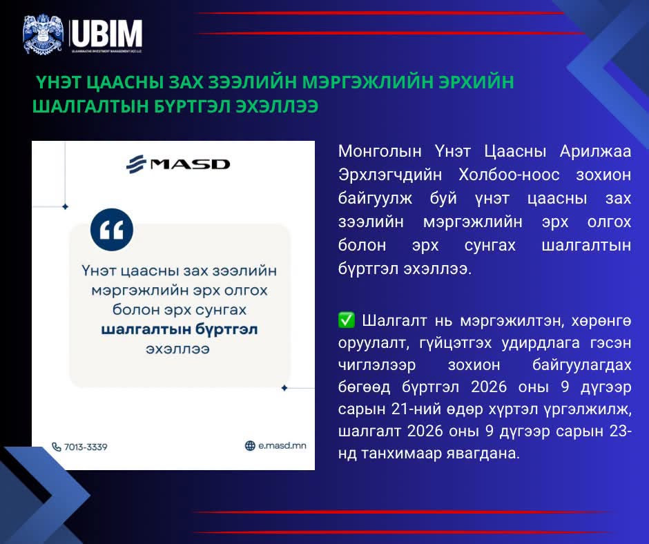 ҮНЭТ ЦААСНЫ ЗАХ ЗЭЭЛИЙН МЭРГЭЖЛИЙН ЭРХИЙН ШАЛГАЛТЫН БҮРТГЭЛ ЭХЭЛЛЭЭ.